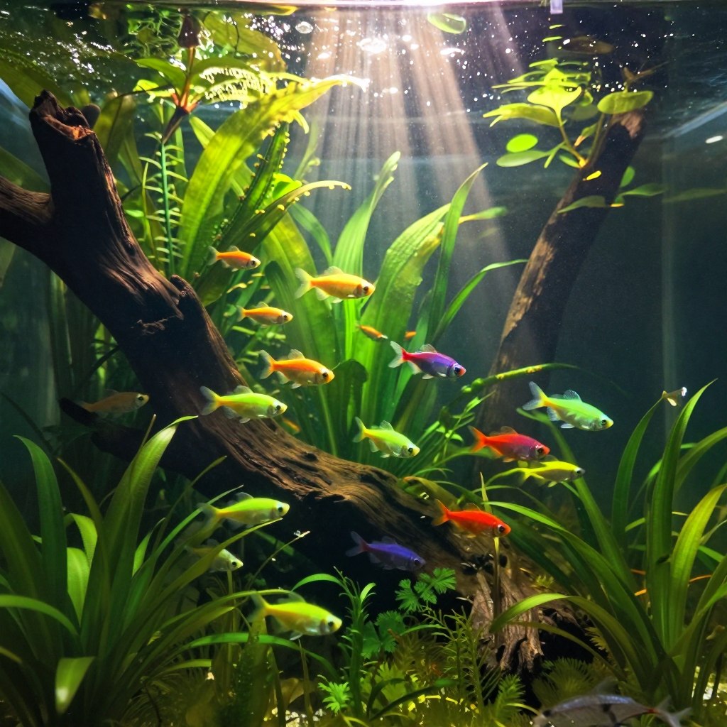 Interior de un acuario plantado de agua dulce con un cardumen de tetras de colores entre plantas y troncos